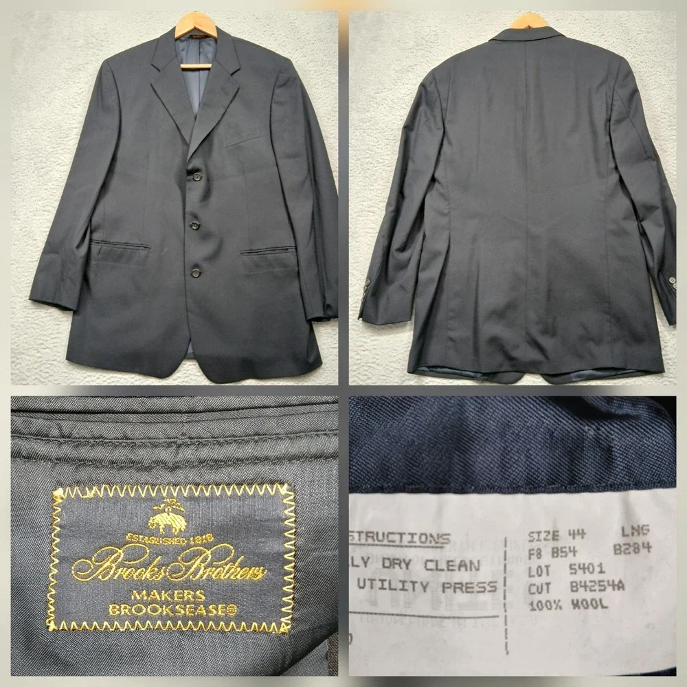 Brooks Brothers Brooksease Wool Blazer Men's 44L Navy 3 Button Classic Fit‎